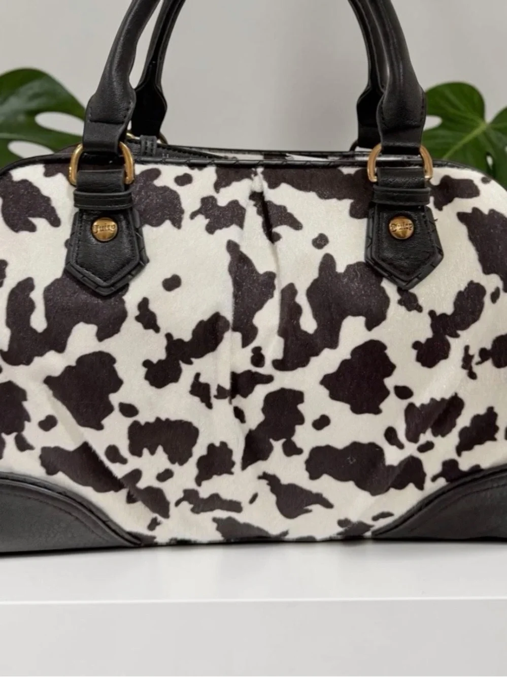 Juicy Couture Black & White Cow Print Romance Satchel with Pink Bow